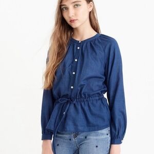NWOT J. Crew Tie Waist Top Blue indigo Voile Button Front Cinch Waist Shirt